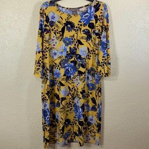 Alexandra Oak Dress Yellow Blue Black Floral XL Stretchy Pullover Polyester
